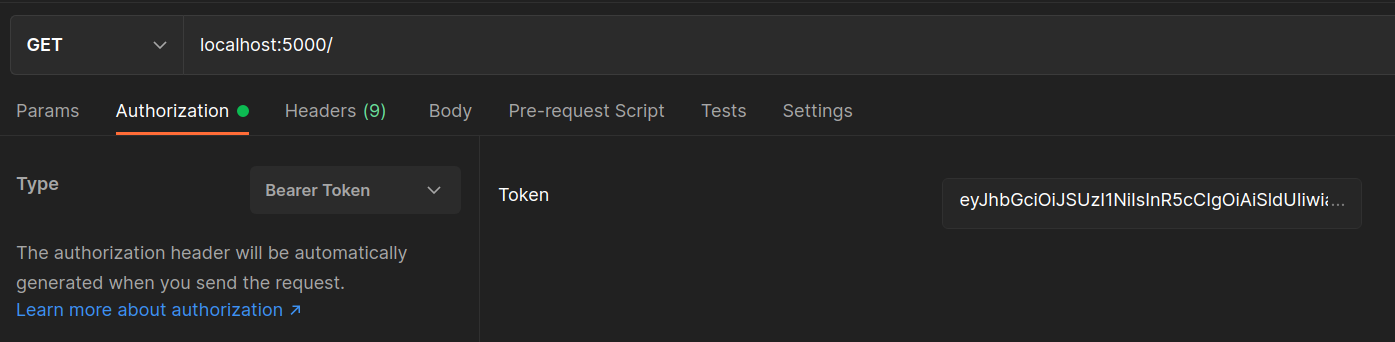 Postman Authorization tab with Bearer Token selected and the JWT pasted in