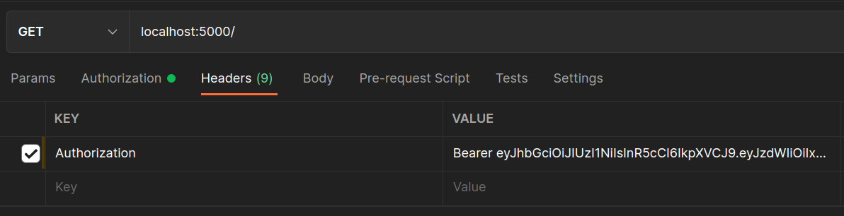 Postman Headers tab with an Authorization header carrying the Bearer token